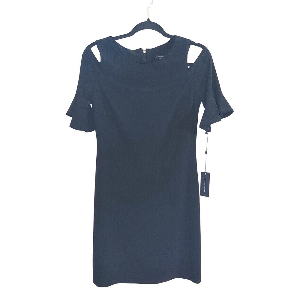 Tommy Hilfiger Cold Shoulder Sheath Dress Womens 4 Black Bell Sleeve TD7J1AG1